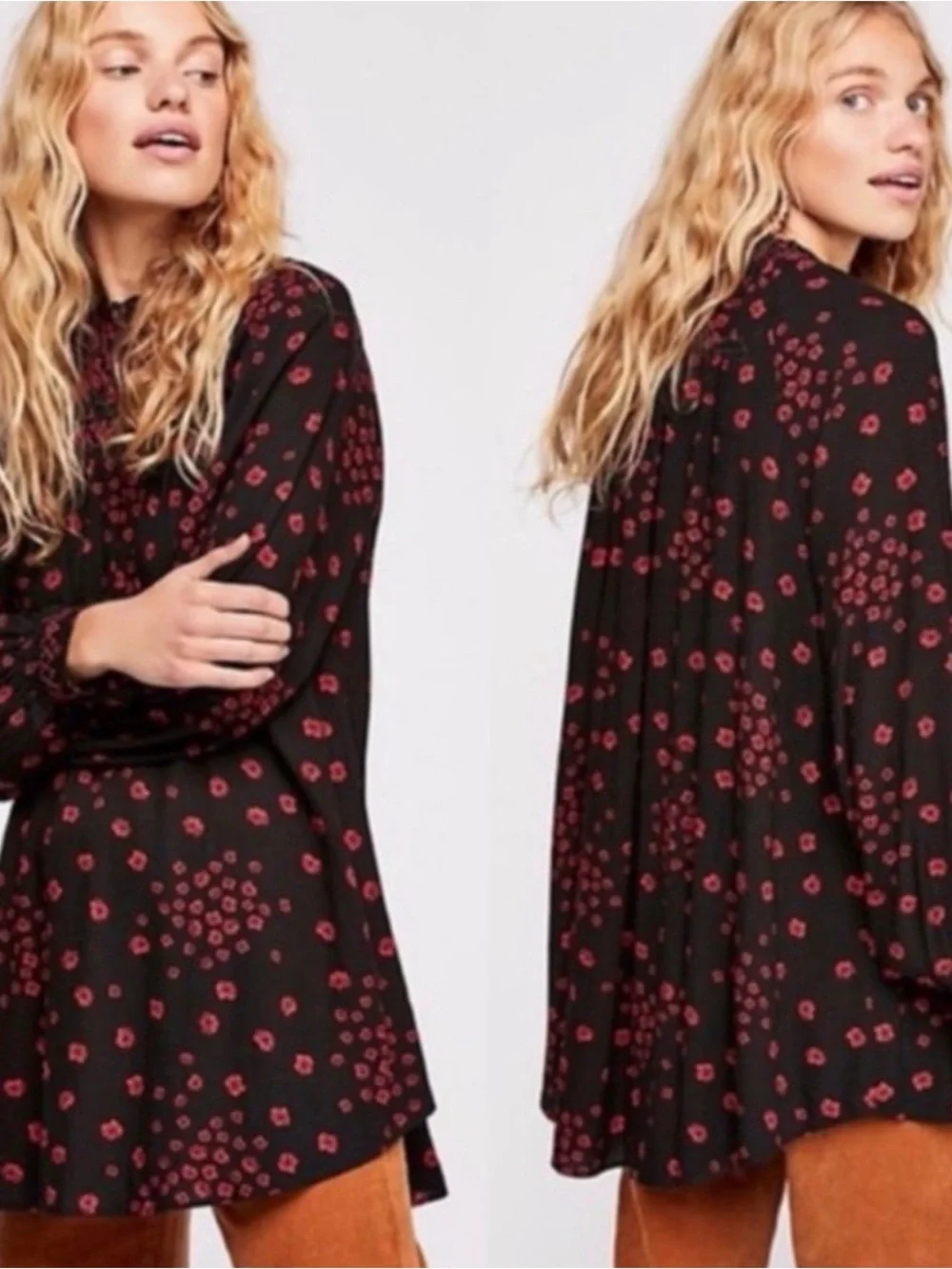 Free People “Flowers In Her Hair” Black Red Tunic Mini Dress Boho - Size XS